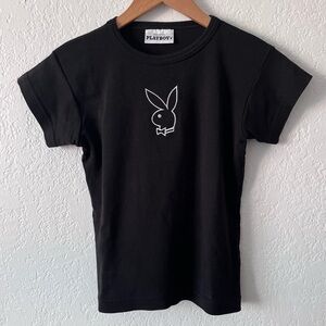 Playboy Y2K Bunny Black & White Short Sleeve Top Embroidered Bunny‎
